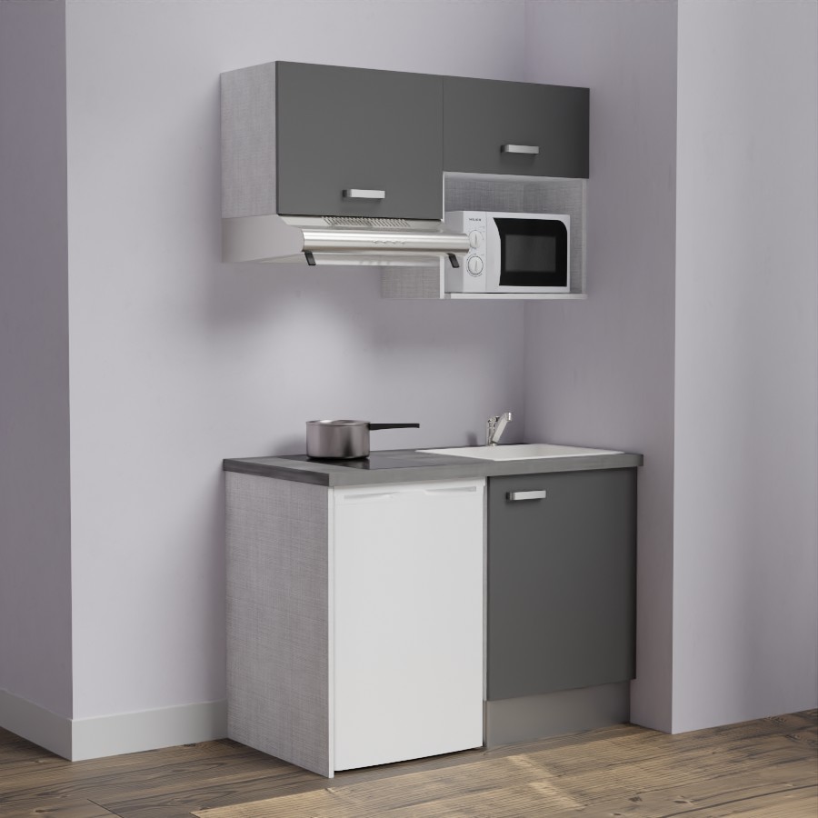 K02L-PT : Kitchenette 120 cm façades grises, plan de travail gris, cuve blanche