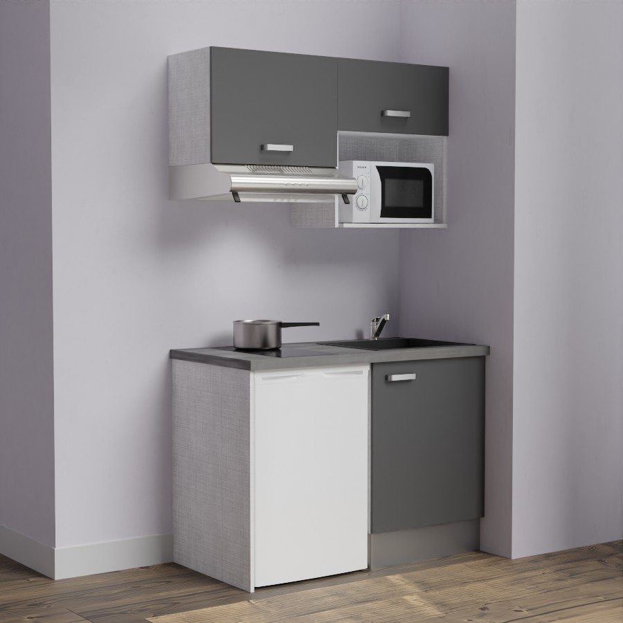 K02L-PT : Kitchenette 120 cm façades grises, plan de travail gris, cuve noire