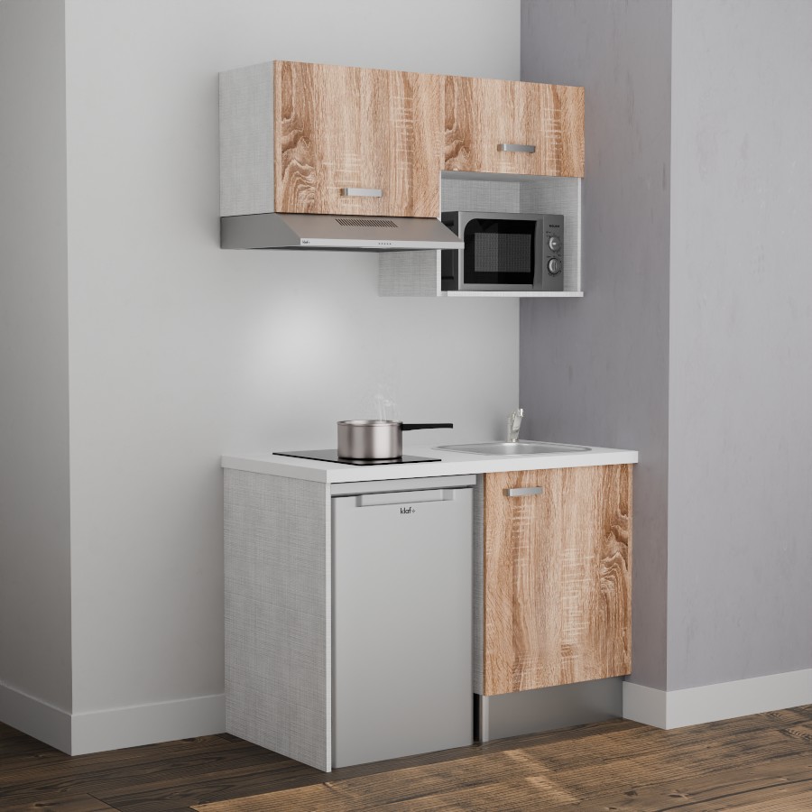 K02L-PT : Kitchenette 120 cm Chêne, plan de travail blanc, cuve inox