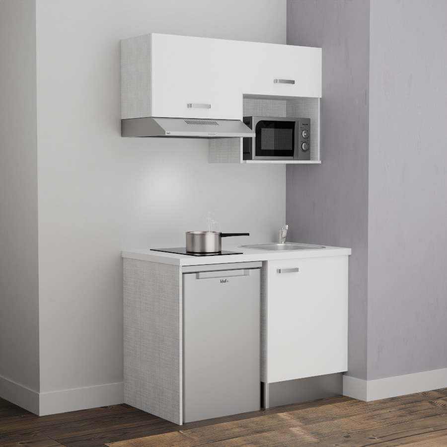 K02L-PT : Kitchenette 120 cm Blanc, plan de travail blanc, cuve inox