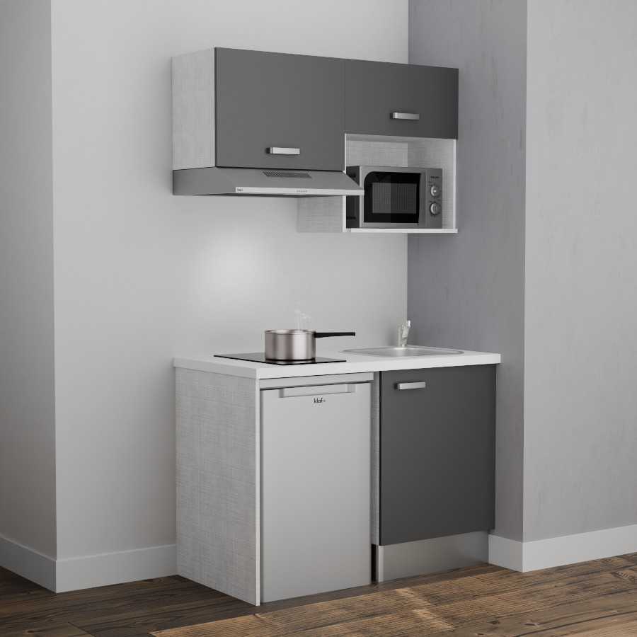 K02L-PT : Kitchenette 120 cm Gris, plan de travail blanc, cuve inox