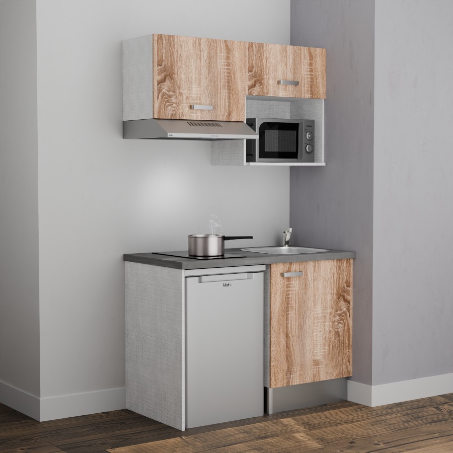 K02L-PT : Kitchenette 120 cm Chêne, plan de travail gris, cuve inox