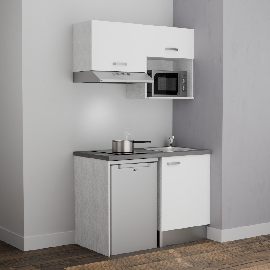 K02L-PT : Kitchenette 120 cm Blanc, plan de travail gris, cuve inox