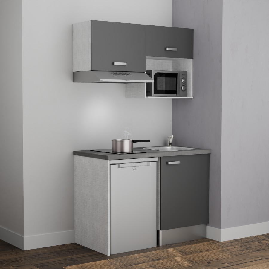 K02L-PT : Kitchenette 120 cm Gris, plan de travail gris, cuve inox