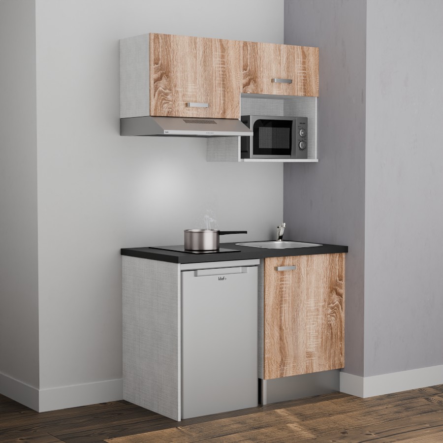 K02L-PT : Kitchenette 120 cm Chêne, plan de travail noir, cuve inox