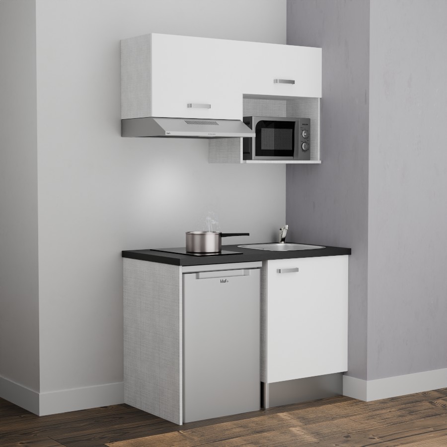 K02L-PT : Kitchenette 120 cm Blanc, plan de travail noir, cuve inox