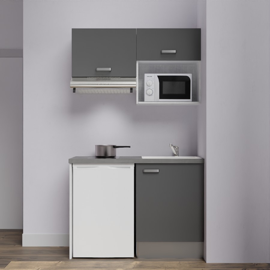 K02L-PT : Kitchenette 120 cm façades grises, plan de travail gris, cuve blanche