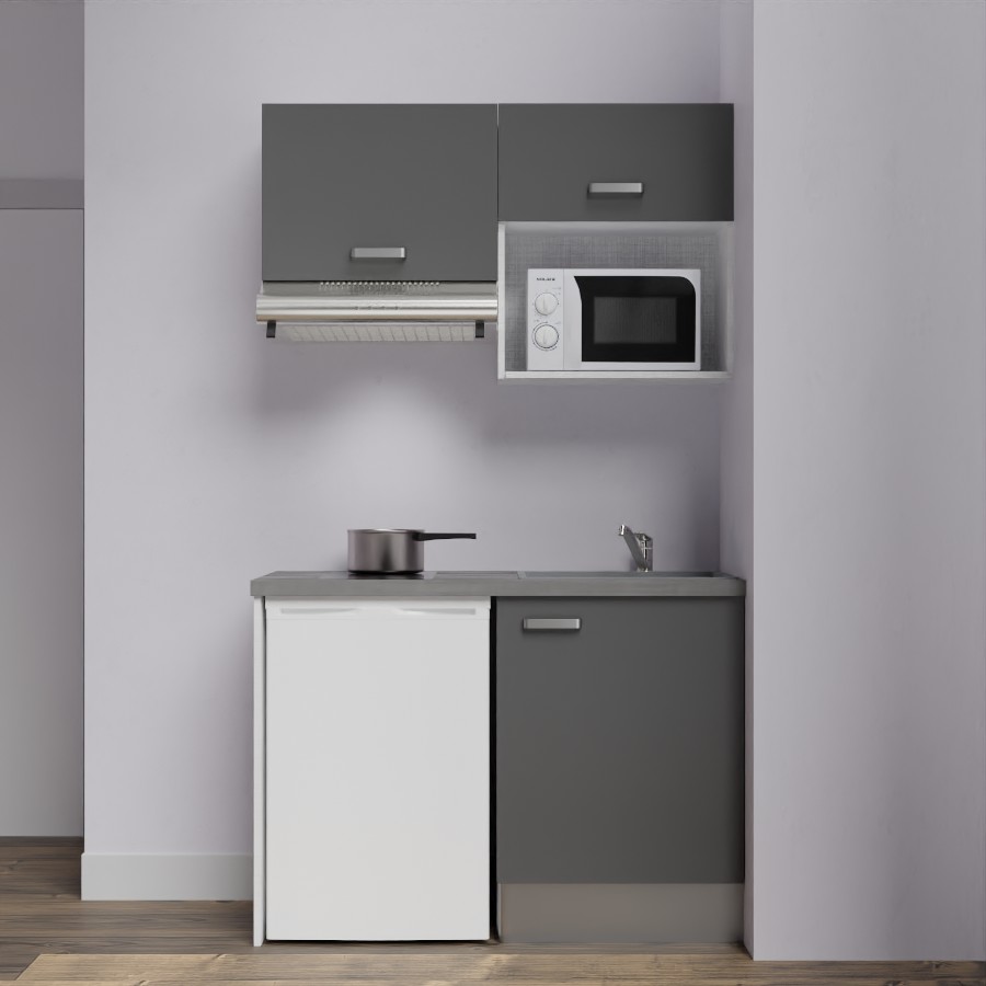 K02L-PT : Kitchenette 120 cm façades grises, plan de travail gris, cuve grise