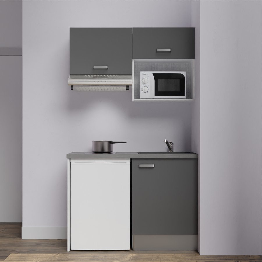 K02L-PT : Kitchenette 120 cm façades grises, plan de travail gris, cuve noire