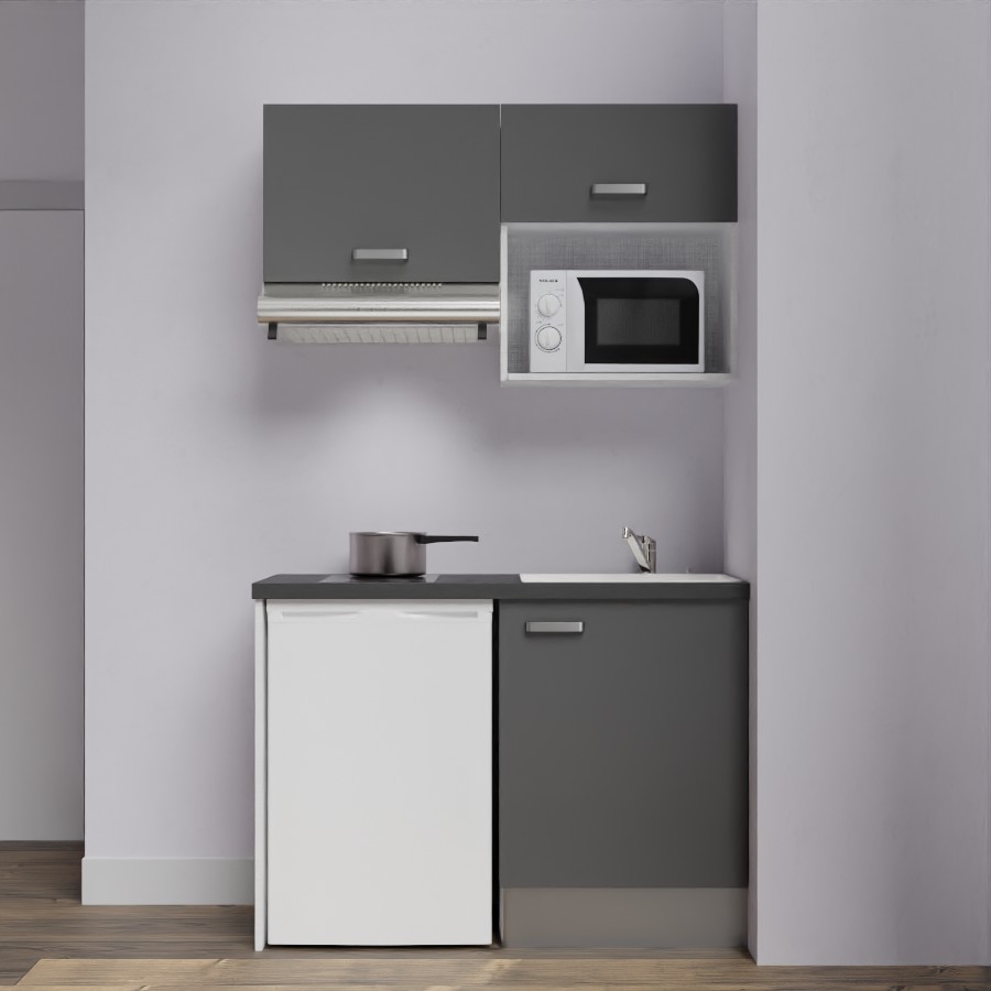 K02L-PT : Kitchenette 120 cm façades Grises, plan de travail noir, cuve blanche