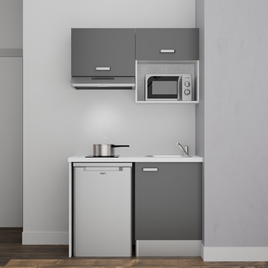 K02L-PT : Kitchenette 120 cm Gris, plan de travail blanc, cuve inox