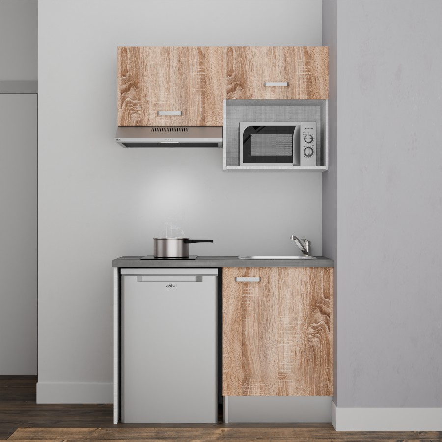 K02L-PT : Kitchenette 120 cm Chêne, plan de travail gris, cuve inox