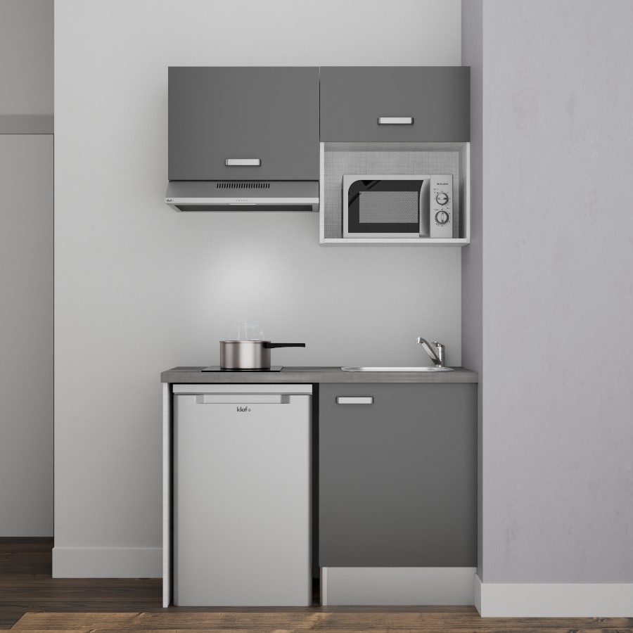 K02L-PT : Kitchenette 120 cm Gris, plan de travail gris, cuve inox