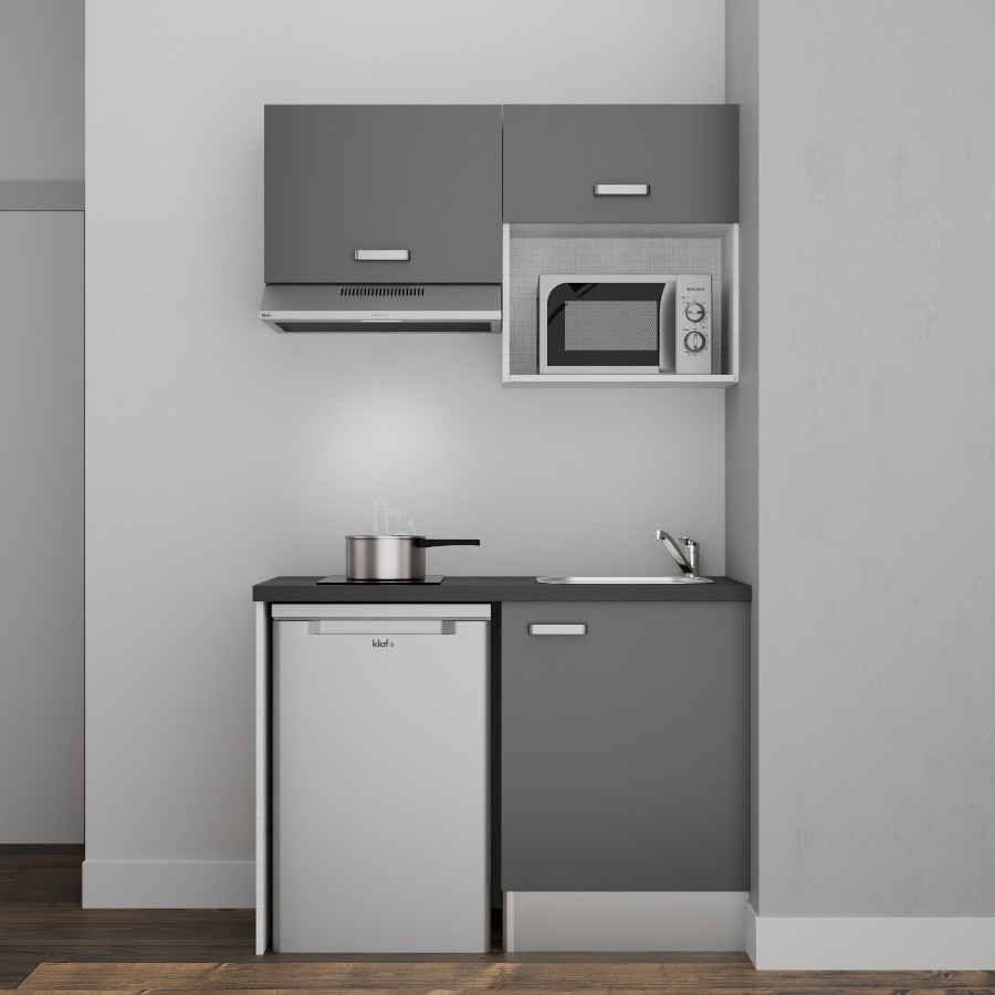 K02L-PT : Kitchenette 120 cm Gris, plan de travail noir, cuve inox