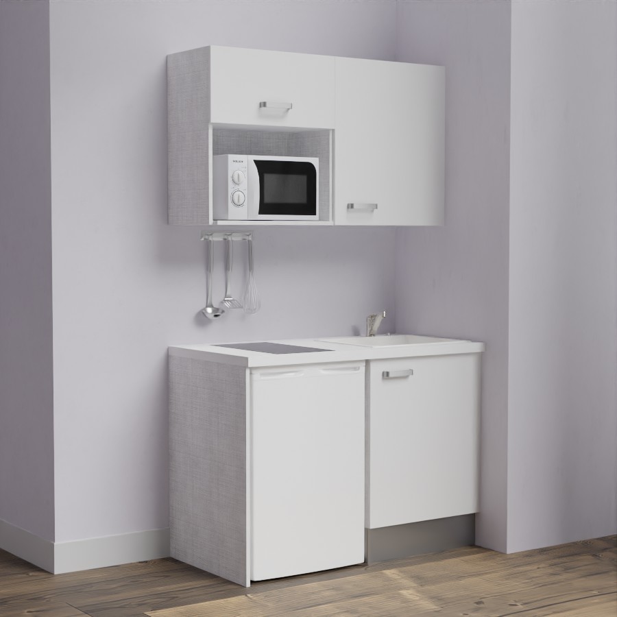 K07L-PT : Kitchenette 120 cm Blanc, plan de travail blanc, cuve blanche