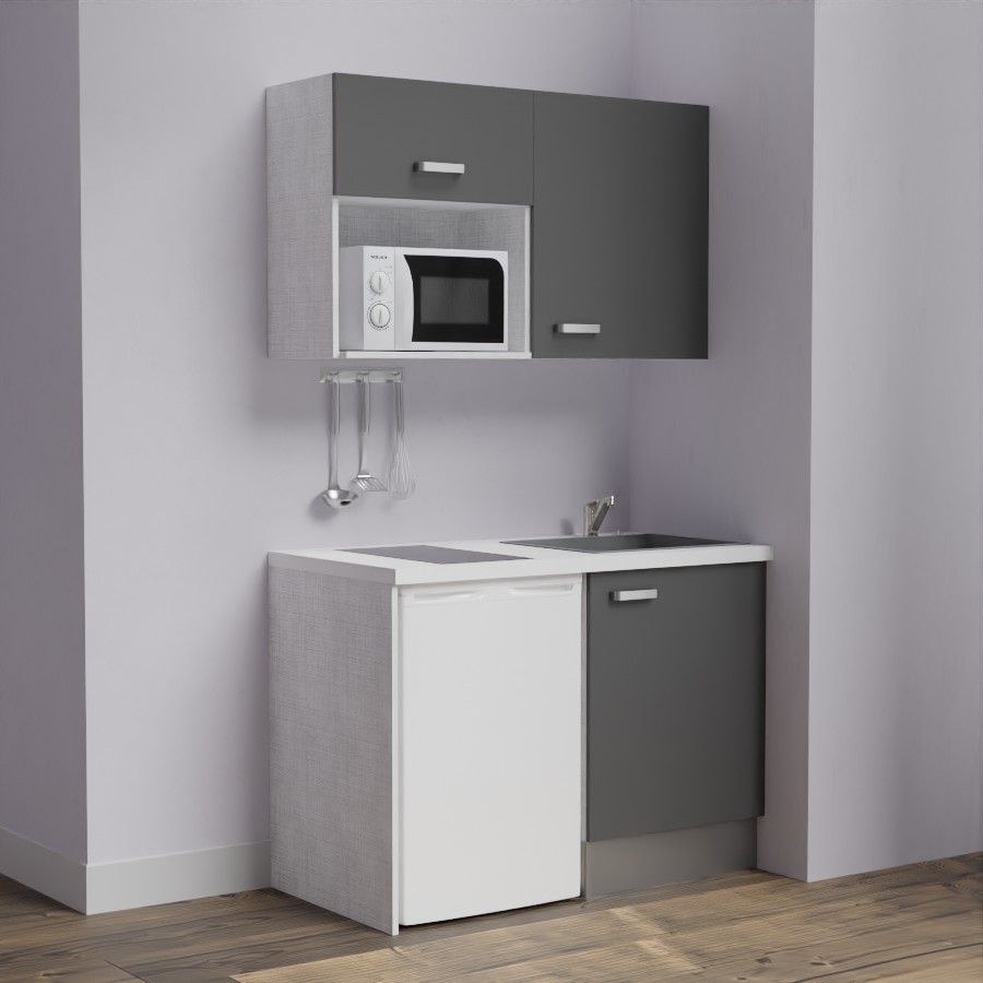 K07L-PT : Kitchenette 120 cm Gris, plan de travail blanc, cuve grise