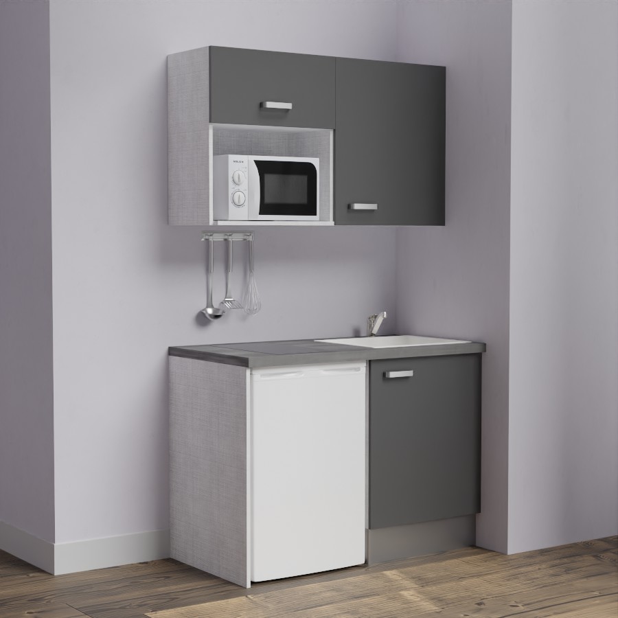 K07L-PT : Kitchenette 120 cm Gris, plan de travail gris, cuve blanche