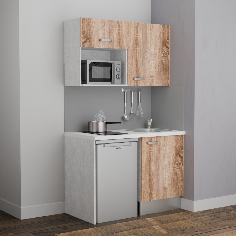 K07L-PT : Kitchenette 120 cm Chêne, plan de travail blanc, cuve inox