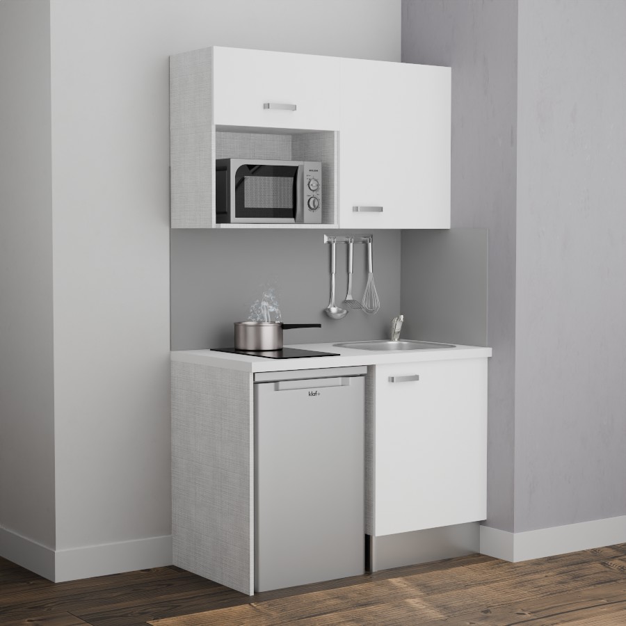 K07L-PT : Kitchenette 120 cm Blanc, plan de travail blanc, cuve inox