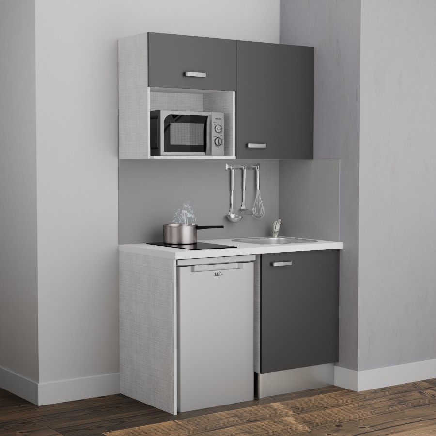 K07L-PT : Kitchenette 120 cm Gris, plan de travail blanc, cuve inox