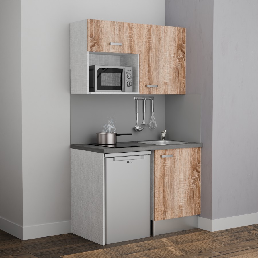 K07L-PT : Kitchenette 120 cm Chêne, plan de travail gris, cuve inox