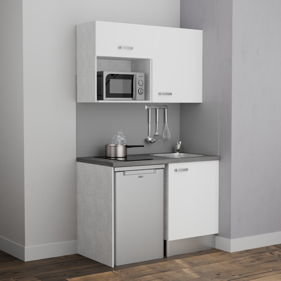 K07L-PT : Kitchenette 120 cm Blanc, plan de travail gris, cuve inox