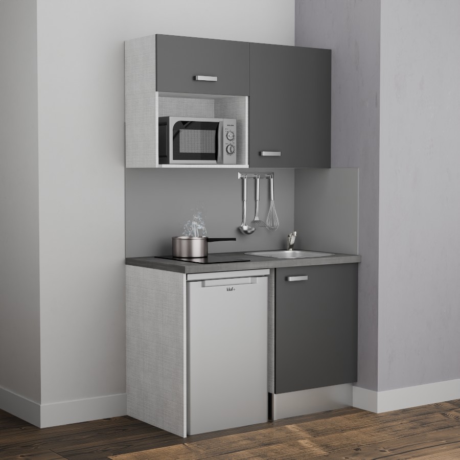 K07L-PT : Kitchenette 120 cm Gris, plan de travail gris, cuve inox