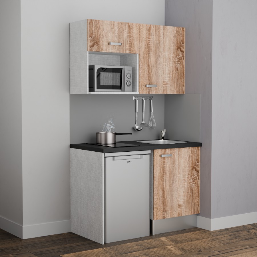 K07L-PT : Kitchenette 120 cm Chêne, plan de travail noir, cuve inox