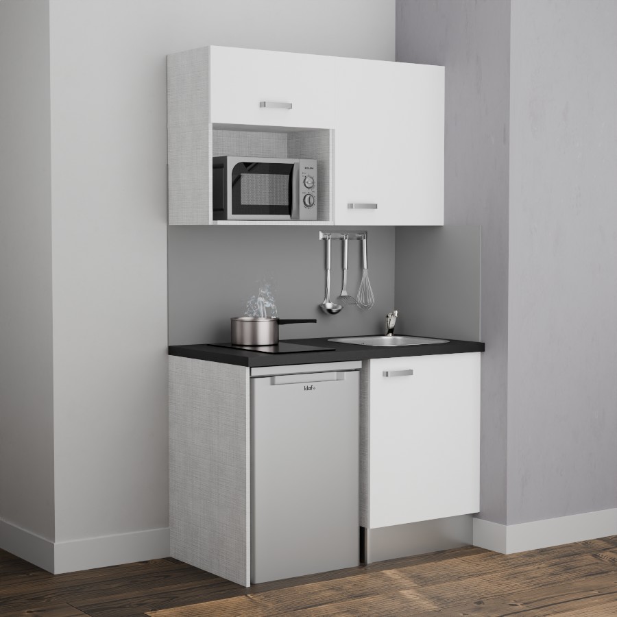 K07L-PT : Kitchenette 120 cm Blanc, plan de travail noir, cuve inox