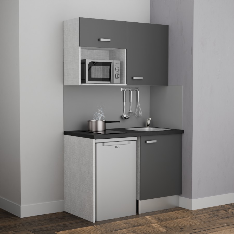 K07L-PT : Kitchenette 120 cm Gris, plan de travail noir, cuve inox