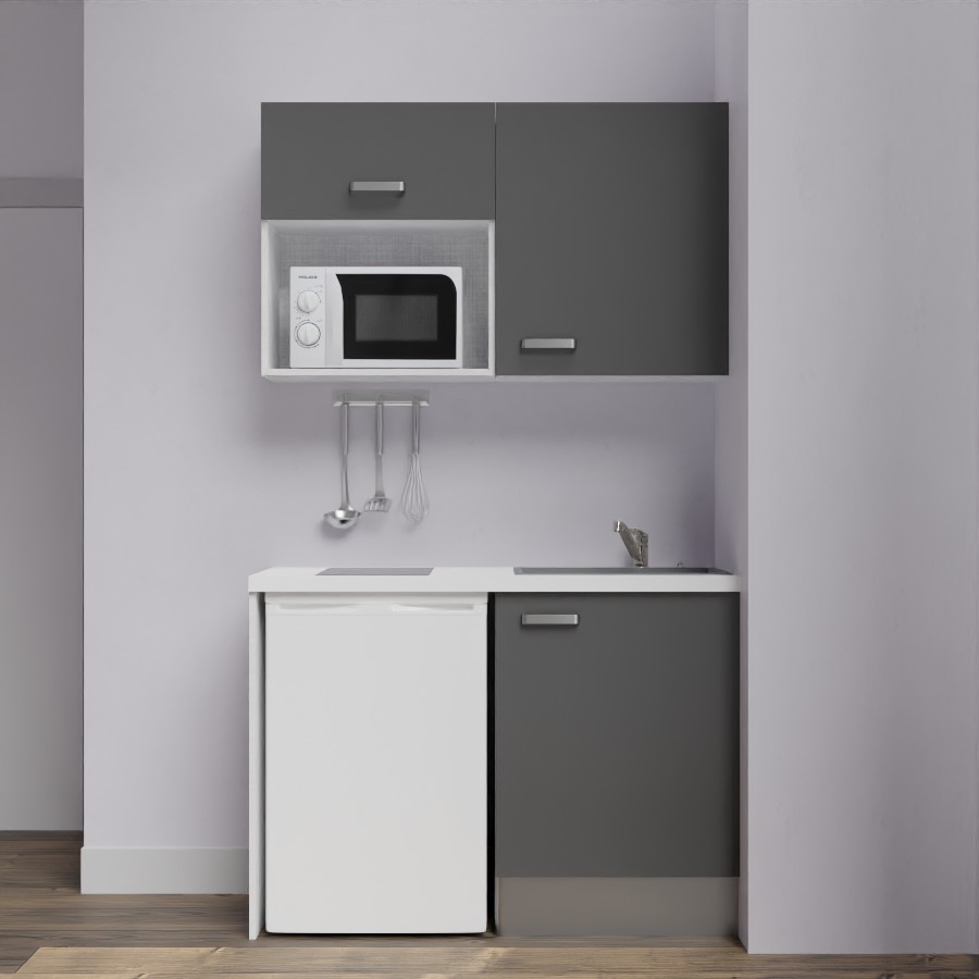 K07L-PT : Kitchenette 120 cm Gris, plan de travail blanc, cuve grise