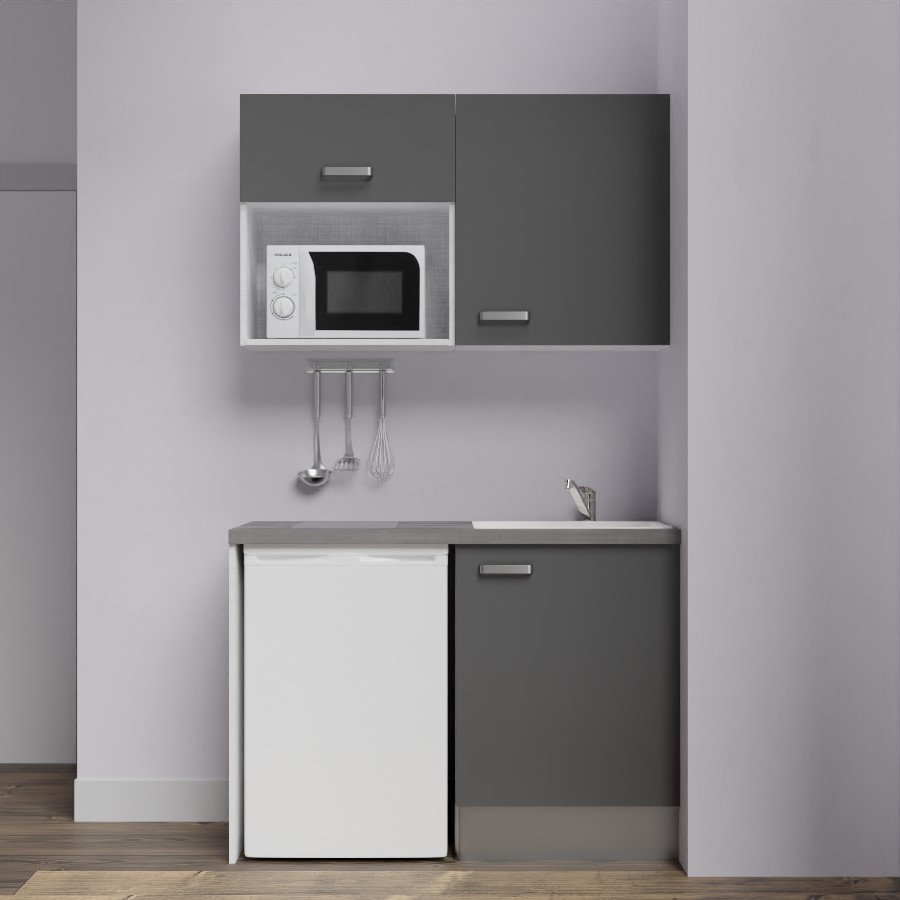 K07L-PT : Kitchenette 120 cm Gris, plan de travail gris, cuve blanche