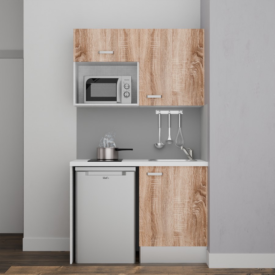 K07L-PT : Kitchenette 120 cm Chêne, plan de travail blanc, cuve inox