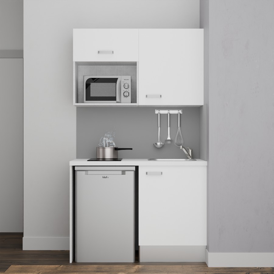 K07L-PT : Kitchenette 120 cm Blanc, plan de travail blanc, cuve inox