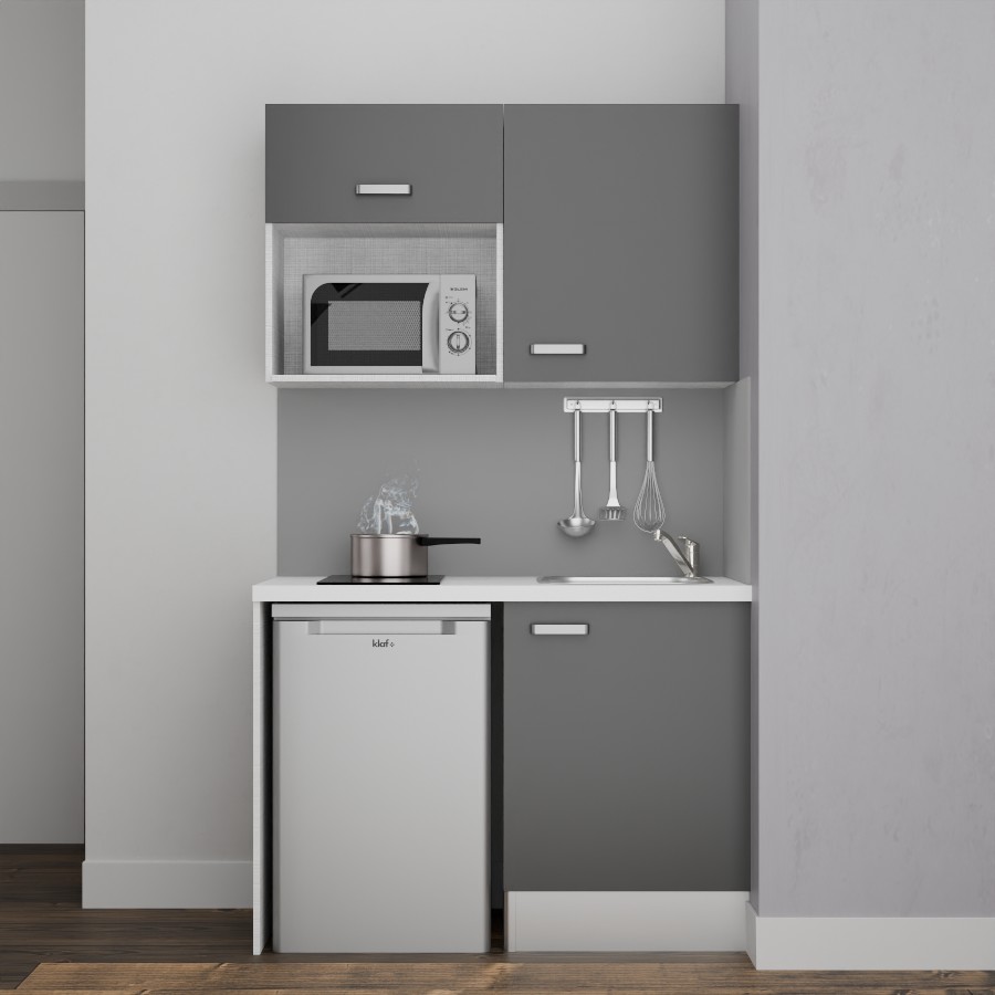 K07L-PT : Kitchenette 120 cm Gris, plan de travail blanc, cuve inox