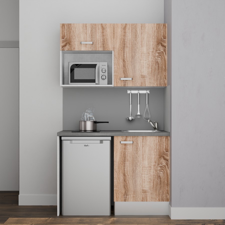 K07L-PT : Kitchenette 120 cm Chêne, plan de travail gris, cuve inox