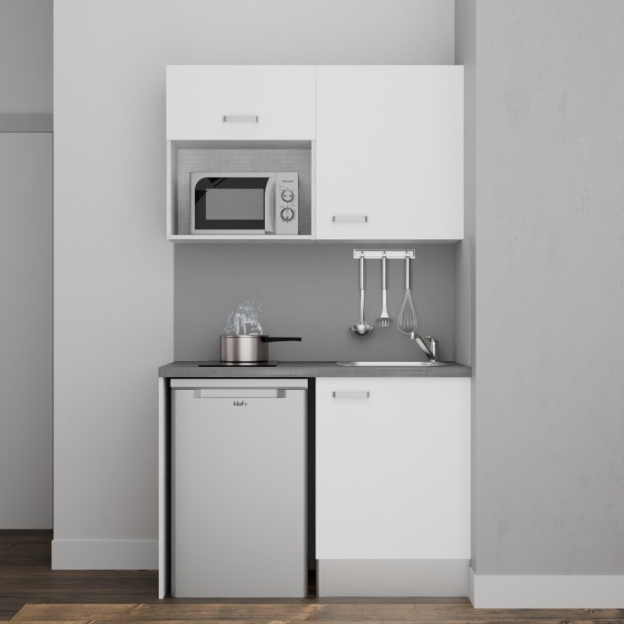 K07L-PT : Kitchenette 120 cm Blanc, plan de travail gris, cuve inox