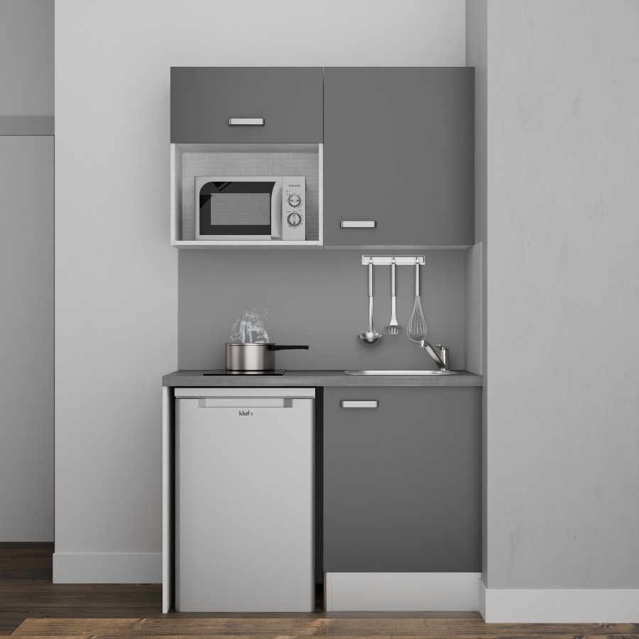 K07L-PT : Kitchenette 120 cm Gris, plan de travail gris, cuve inox