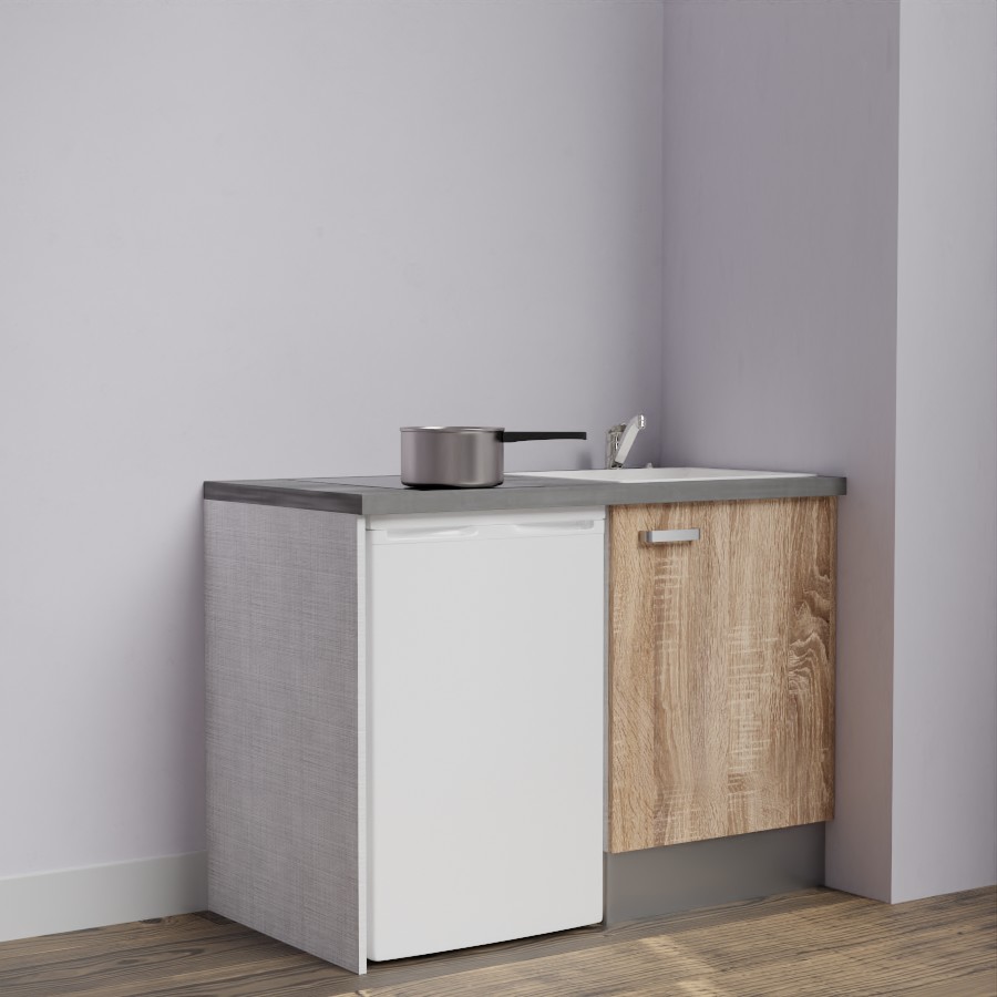 Kitchenette 120 cm K08L meuble sous évier couleur bois avec plan de travail gris et évier blanc