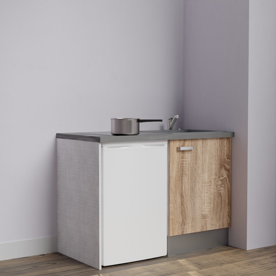 Kitchenette 120 cm K08L meuble sous évier couleur bois avec plan de travail gris et évier gris