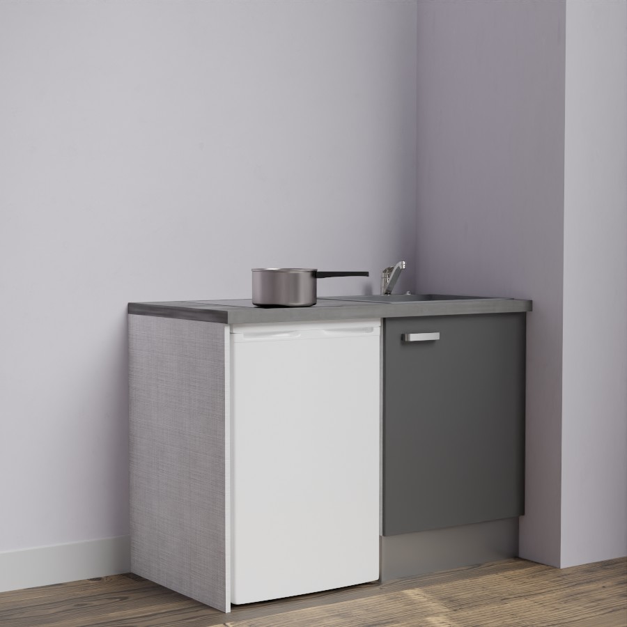 Kitchenette 120 cm K08L meuble sous évier gris avec plan de travail gris et évier gris