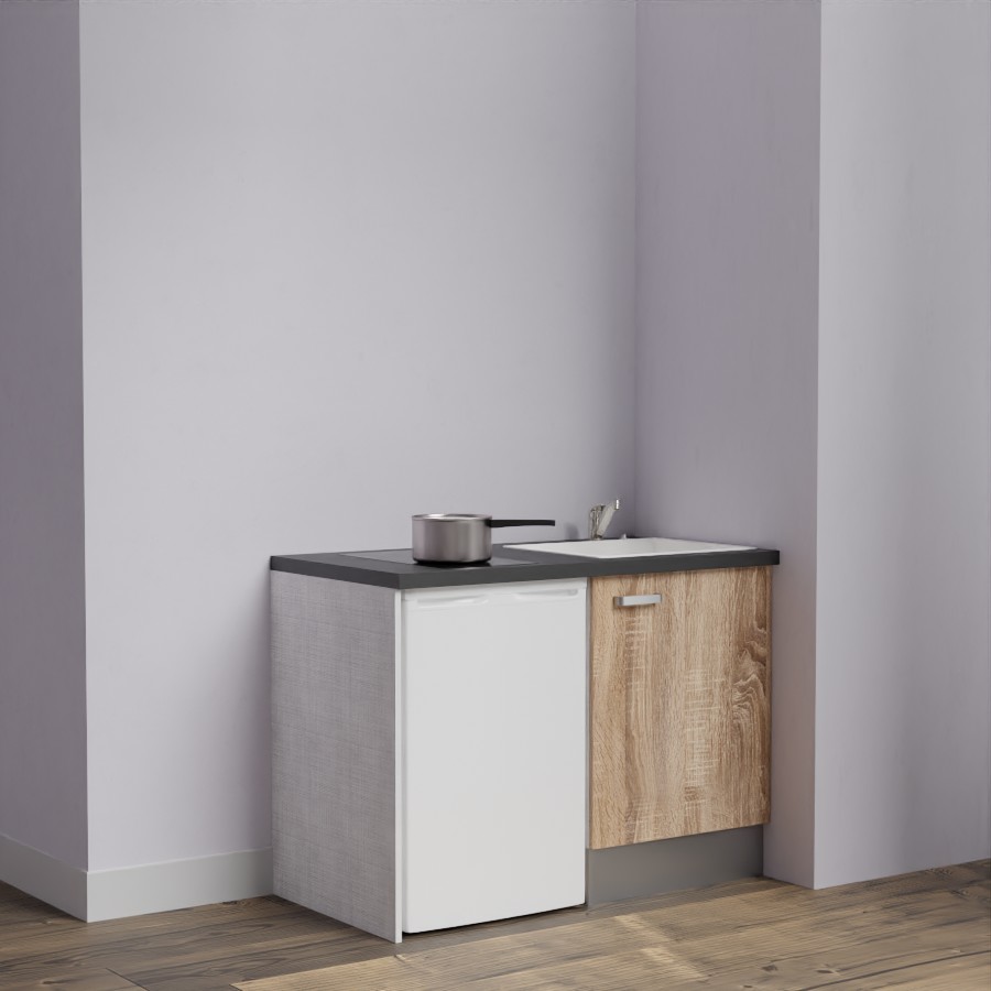 Kitchenette 120 cm K08L meuble sous évier couleur bois avec plan de travail noir et évier blanc