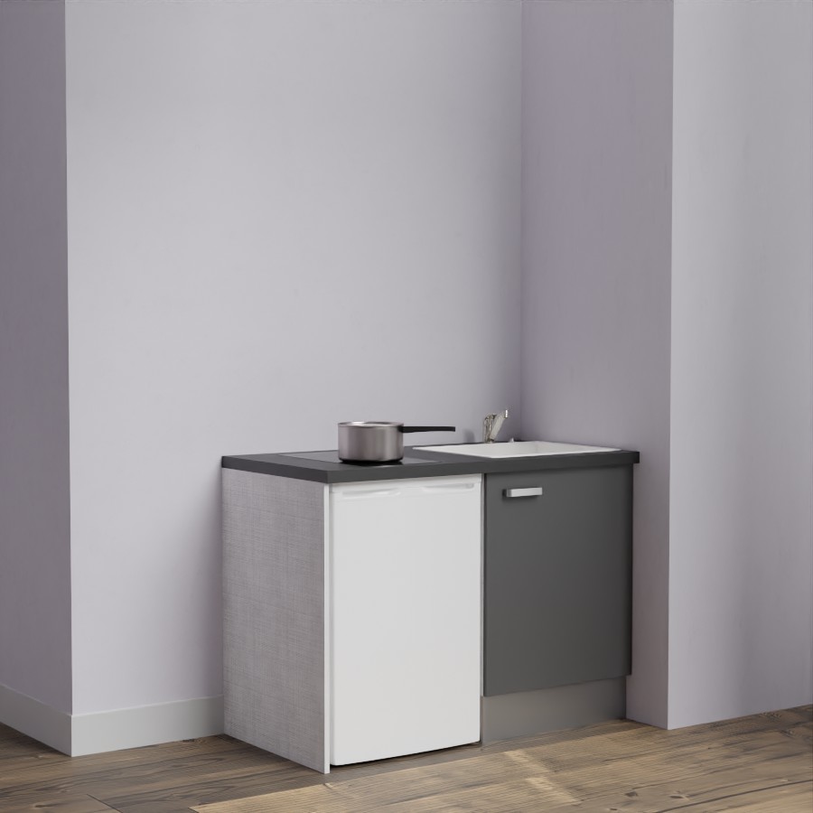 Kitchenette 120 cm K08L meuble sous évier gris avec plan de travail noir et évier blanc