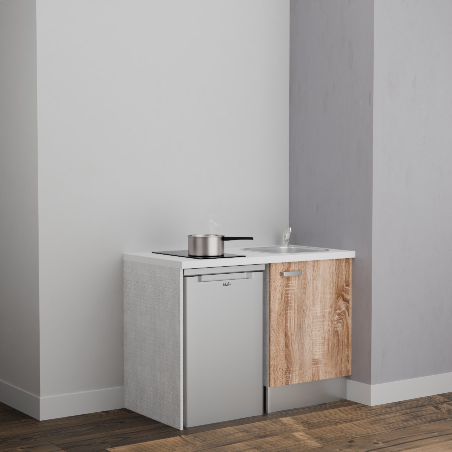 K08L-PT : Kitchenette 120 cm Chêne, plan de travail blanc, cuve inox