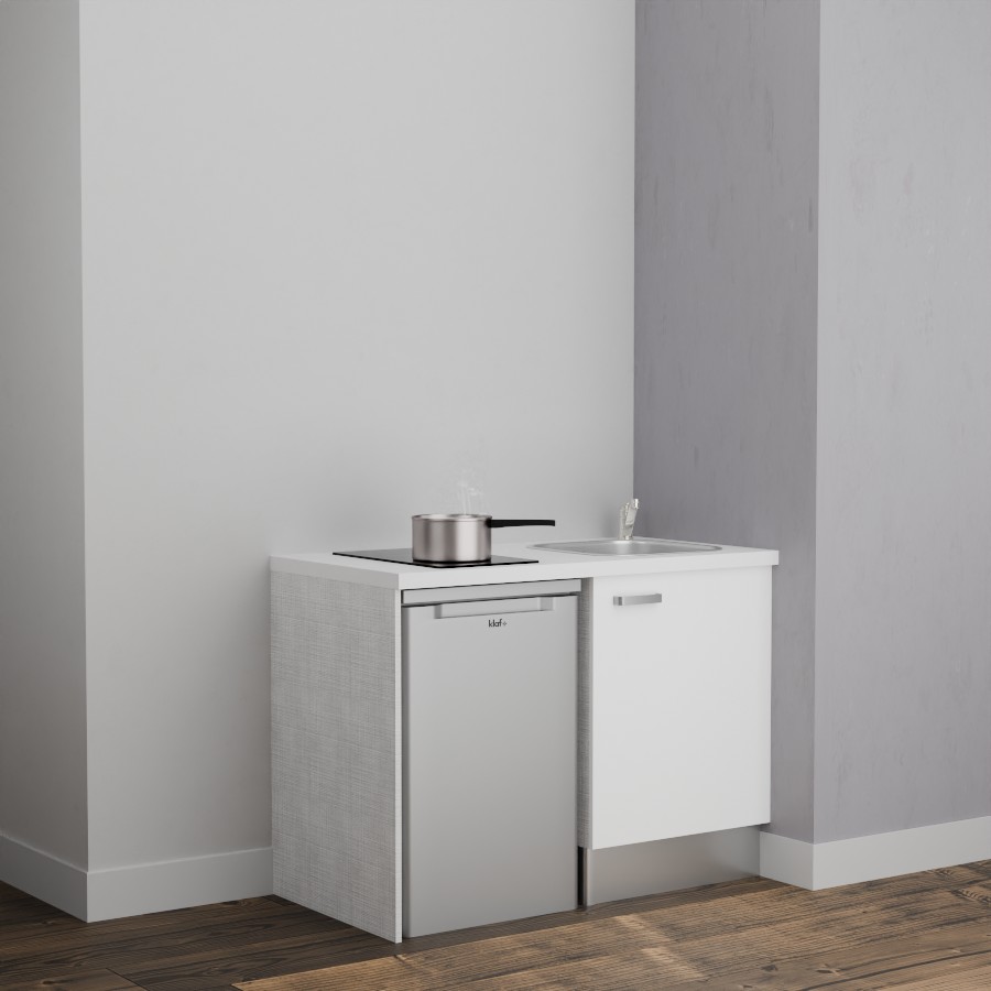 K08L-PT : Kitchenette 120 cm Blanc, plan de travail blanc, cuve inox