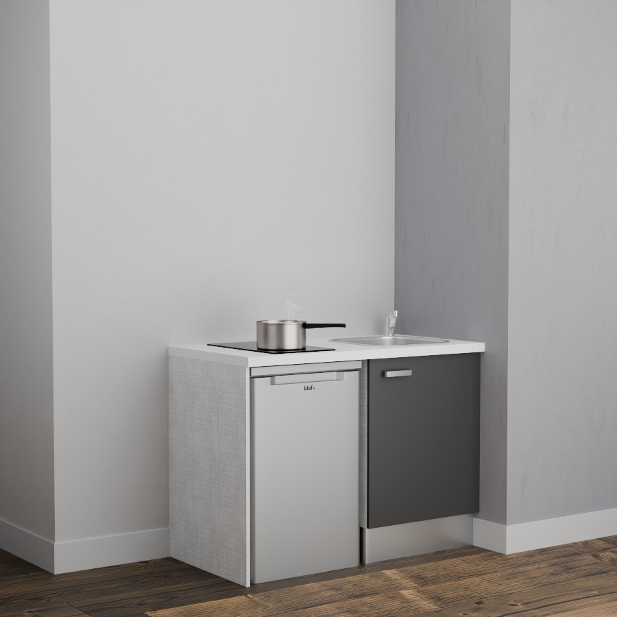 K08L-PT : Kitchenette 120 cm Gris, plan de travail blanc, cuve inox