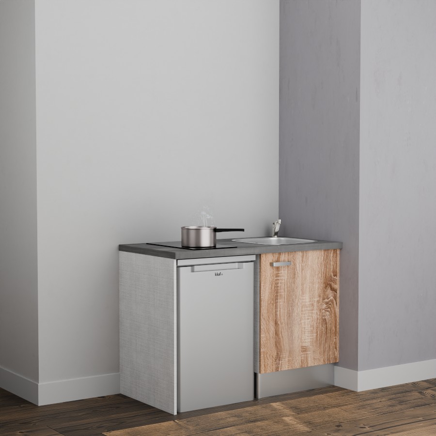 K08L-PT : Kitchenette 120 cm Chêne, plan de travail gris, cuve inox