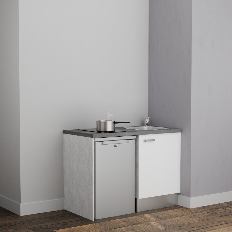 K08L-PT : Kitchenette 120 cm Blanc, plan de travail gris, cuve inox