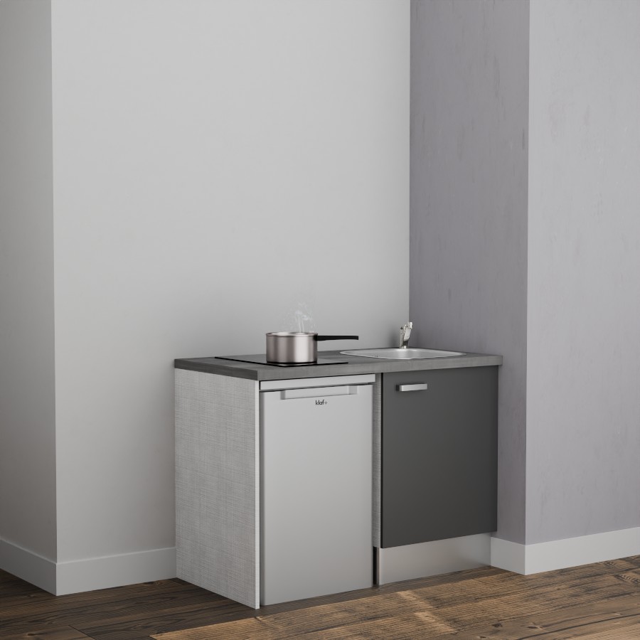 K08L-PT : Kitchenette 120 cm Gris, plan de travail gris, cuve inox