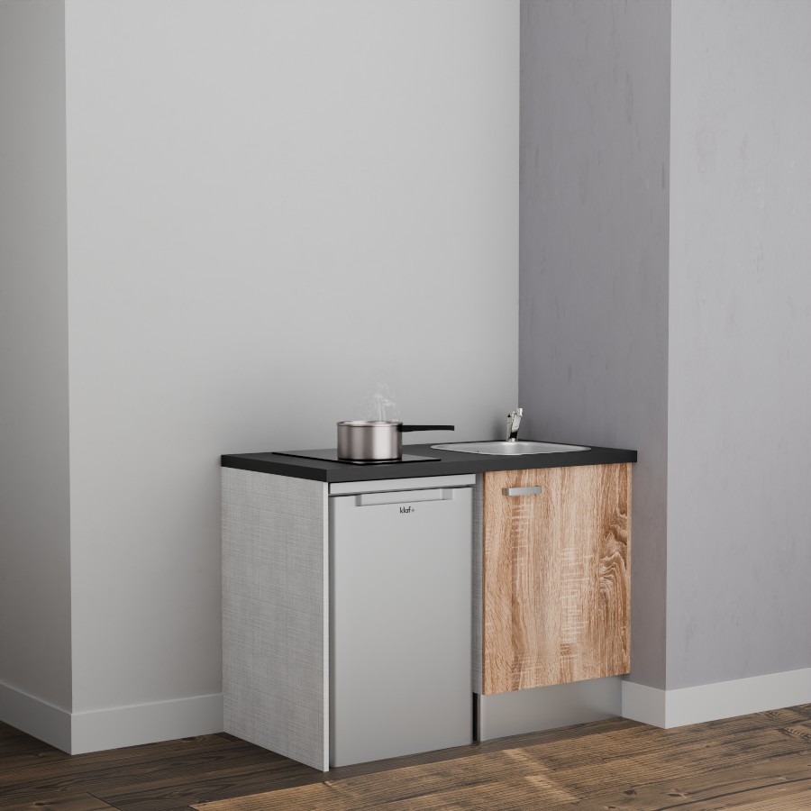 K08L-PT : Kitchenette 120 cm Chêne, plan de travail noir, cuve inox